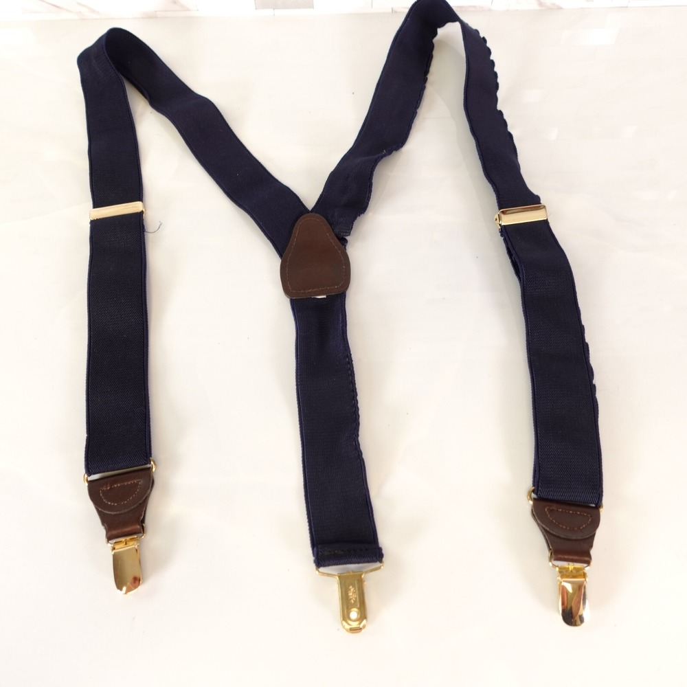 Suspenders Mens PELICAN Black Leather Gold Clip On Adjustable Stretch Y Back